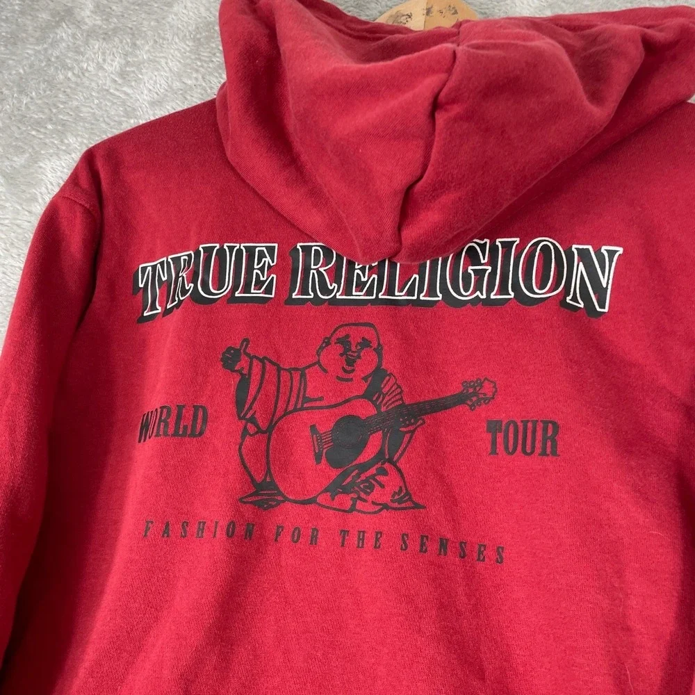 True Religion Zip Up Hoodie Mens Medium‎ Red Buddha World Tour Graphic Y2K Style